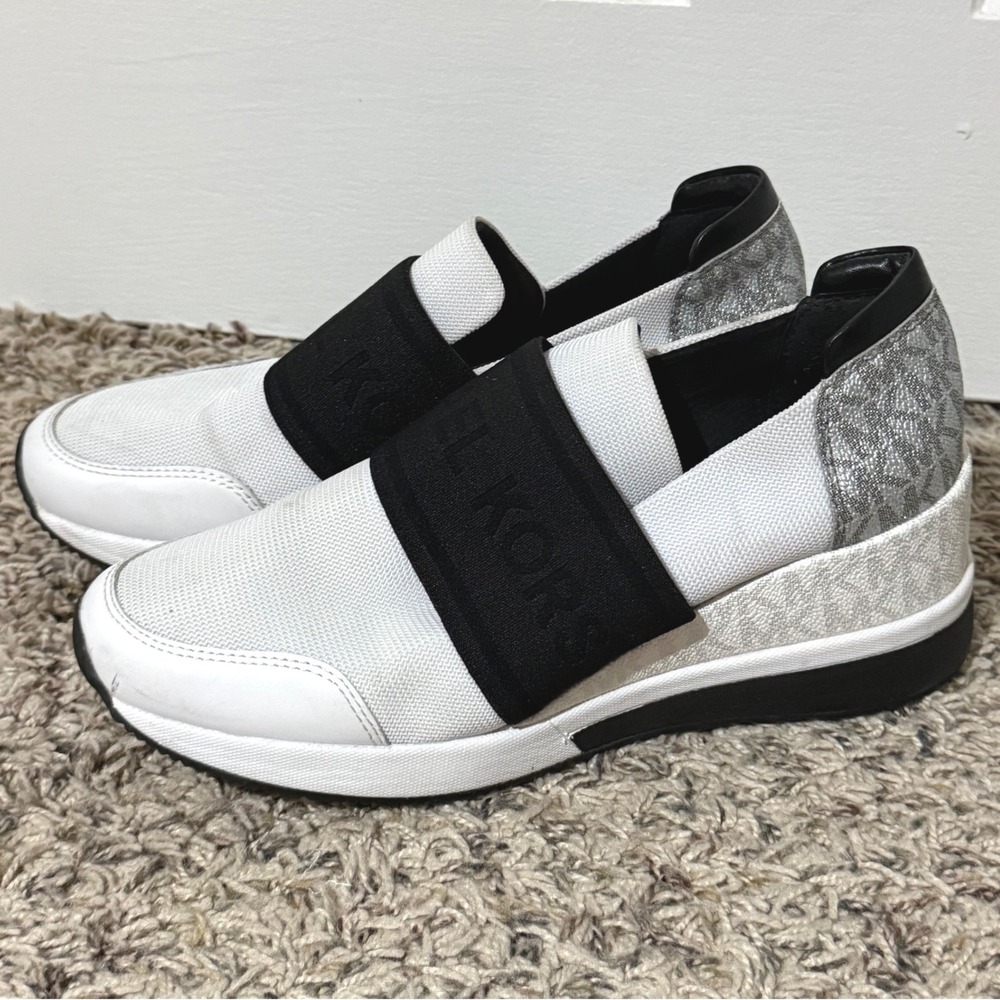 Michael Kors Felix White Black Silver Logo Wedge Slip On Sneakers Womens 8M